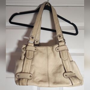 Tignanello Pebble Leather Pocket Shoulder Bag Satchel Handbag Cream